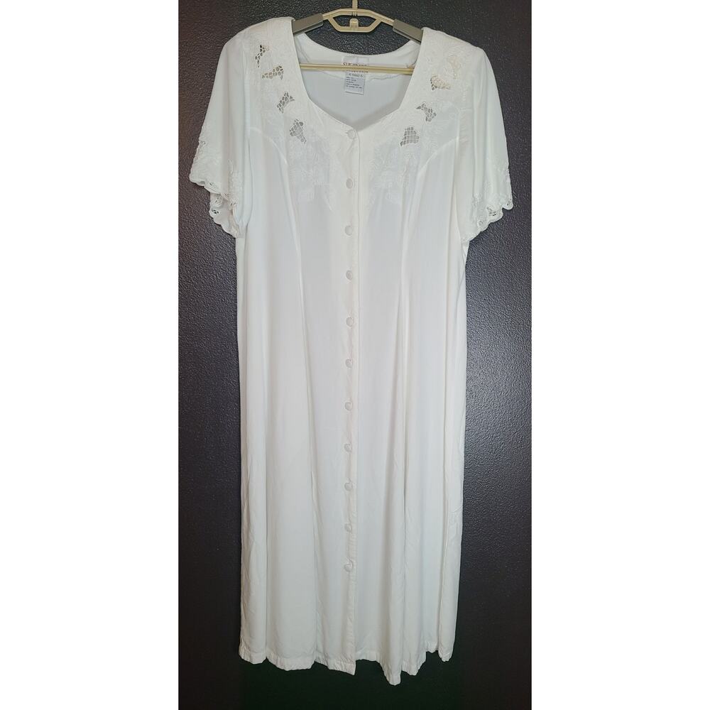 Vtg 90s Maxi Dress White 14/16 Tie Back Embroidery Lace Rayon Femme